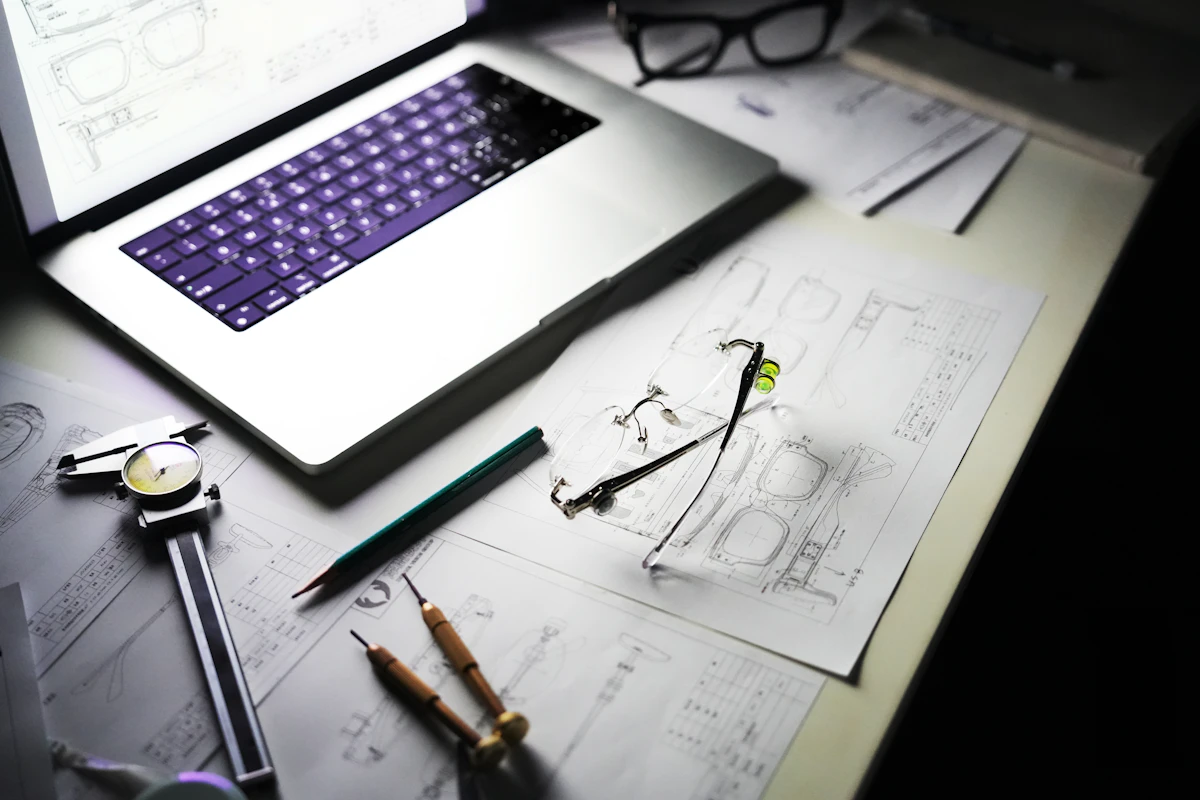 Desk with a laptop, blueprints and tools