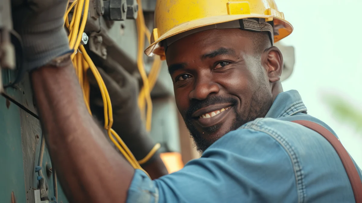 Smiling engineer in a hard hat at work