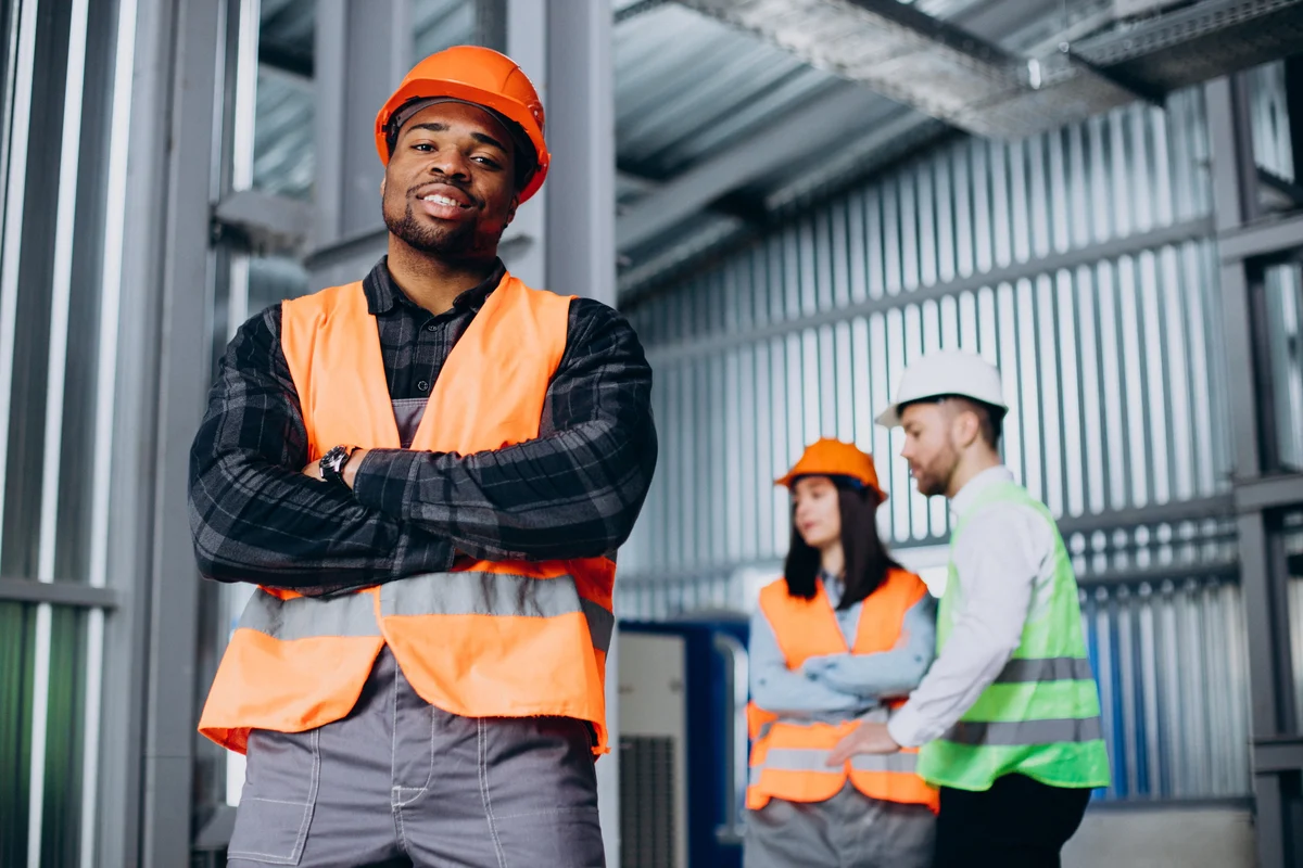 Three engineers in hard hats discussing a plan